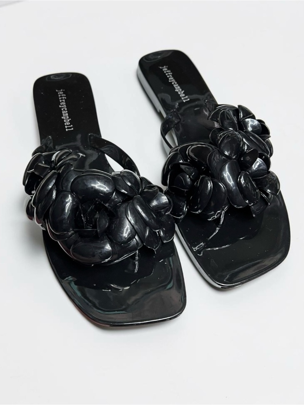 🌻NEW Jeffrey Campbell Floralee Jelly Slide Sandals Black Shiny Floral Size 10